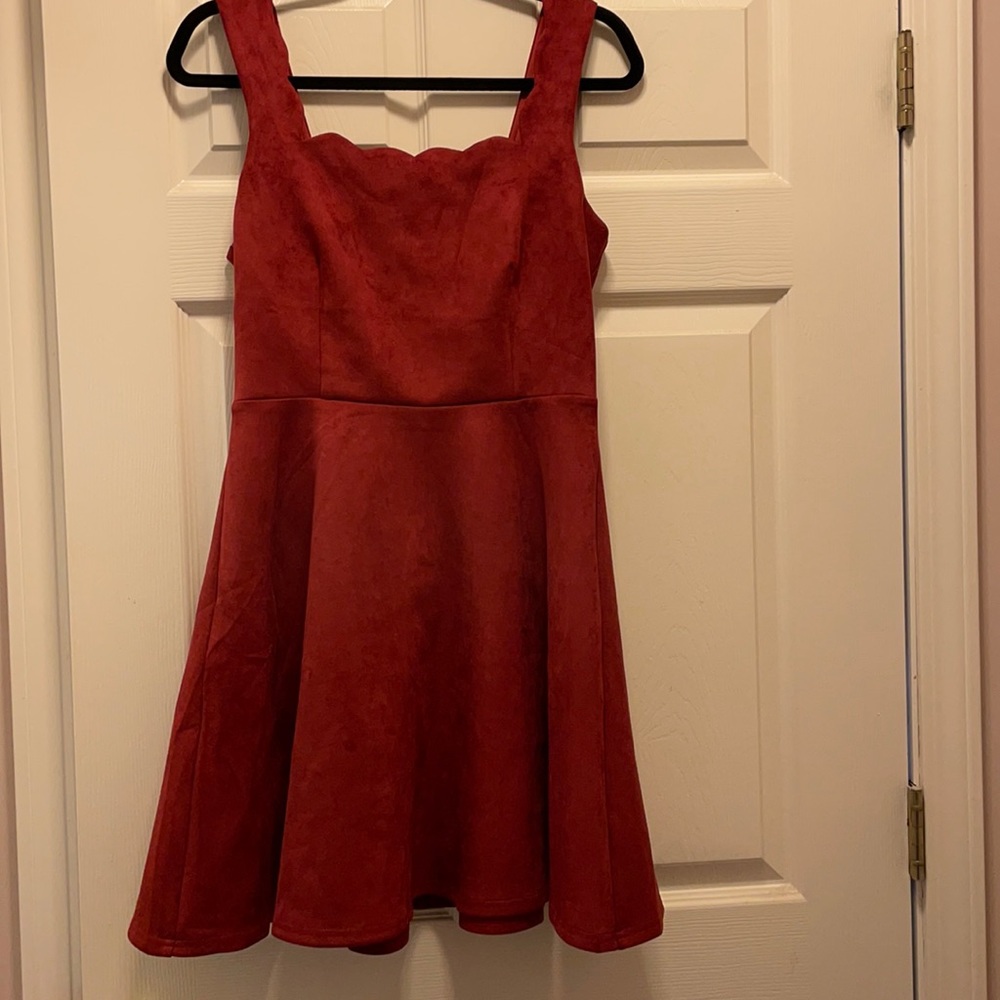 Rust suede scalloped neck dress